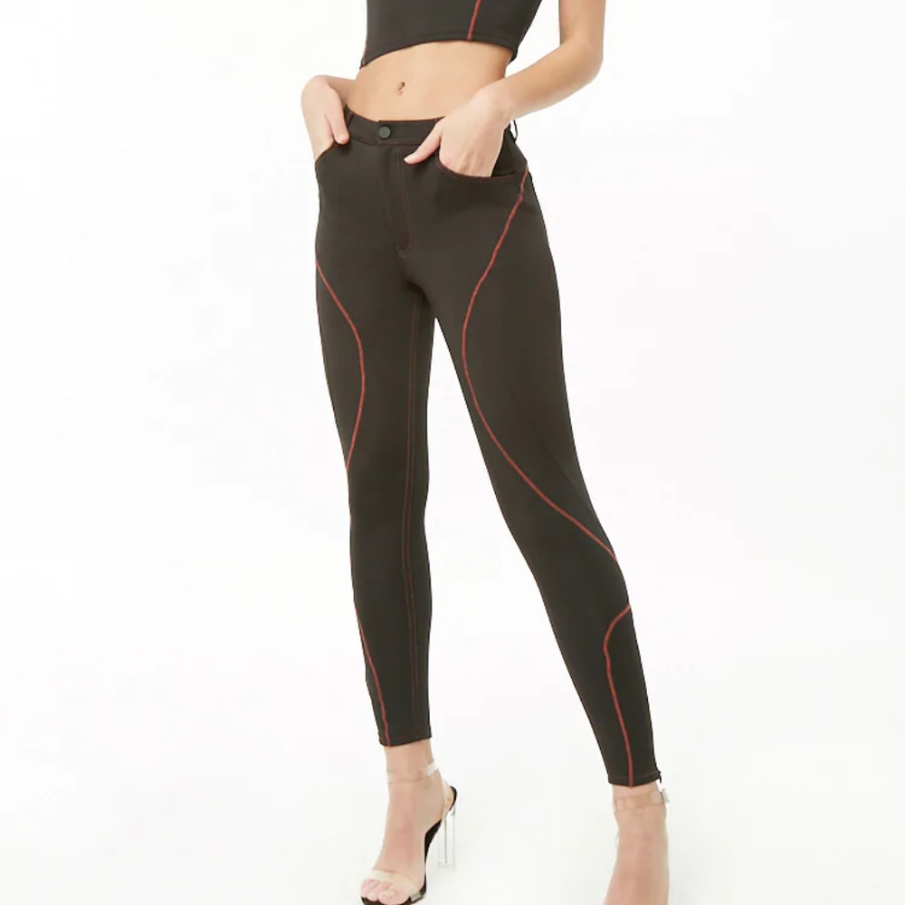 FOREVER 21 Indie Goth Black Red Seam Scuba Moto Biker Leggings Pants S
